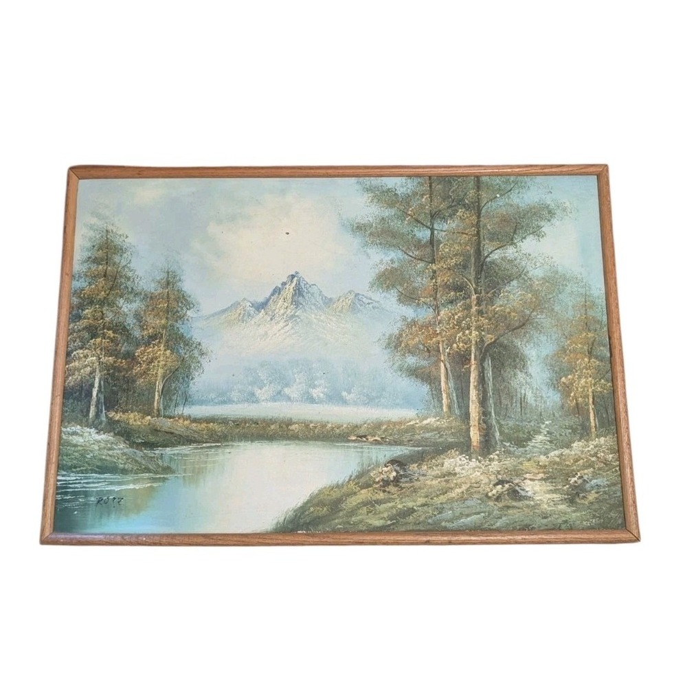 Vintage Signed Original Oil Painting Mountain Lake Landscape Canvas 37x25 Framed
